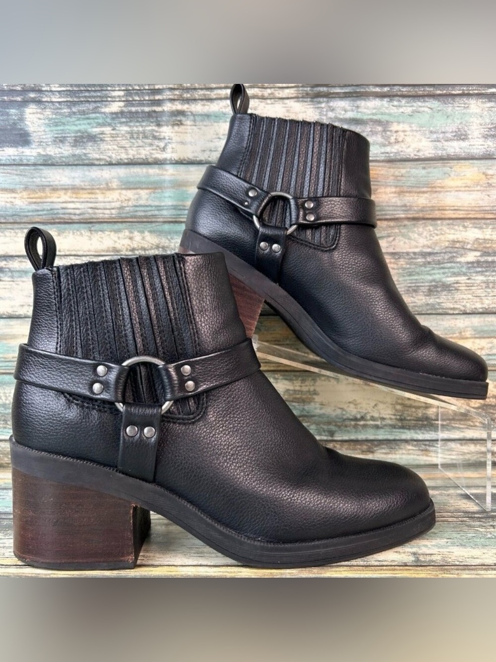 BOC Ankle Boot Womens Size 8.5M Black Pull On Block Heel Grunge Harness Moto